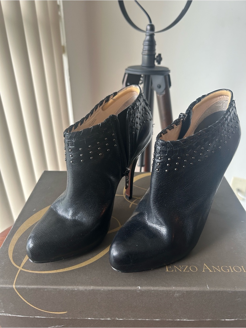 Enzo Angiolini Black Leather Studded High-Heel Booties